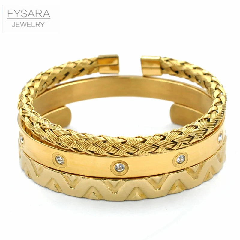 CZ Crystals Bangles Set Couple Women Jewelry Stainless Steel