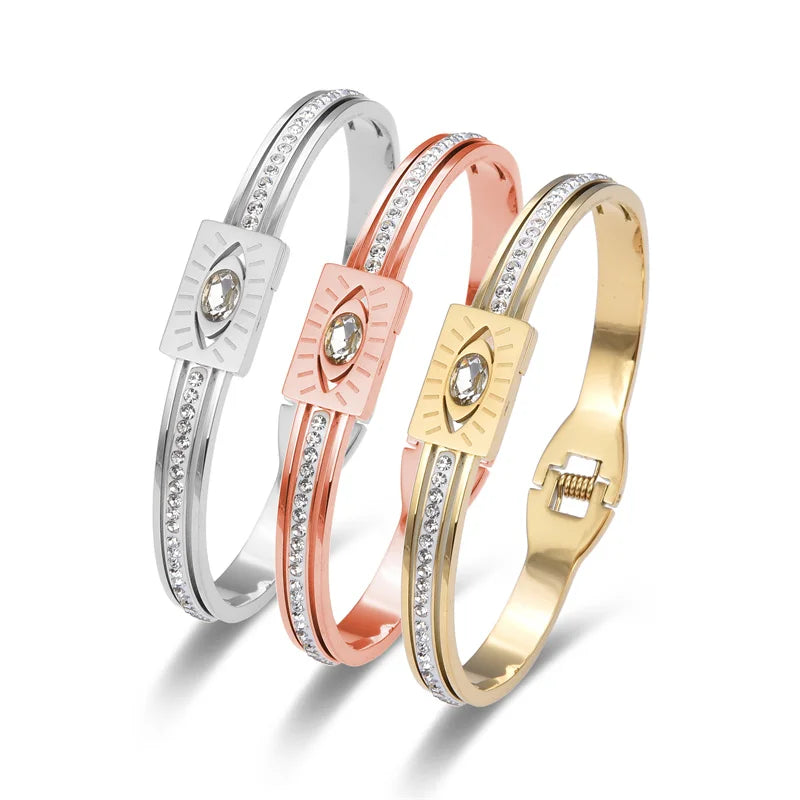 Stainless Steel Evil Eye Bangle Bracelet Women Vintage Waterproof Jewelry
