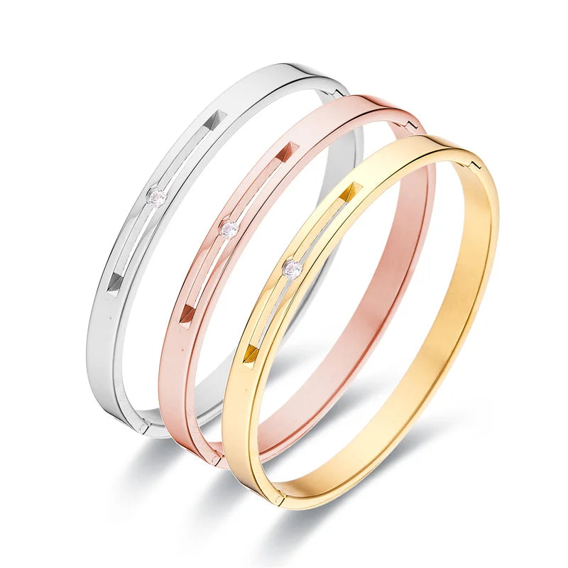 Stainless Steel Zircon Cuff Bangle 4/6/8mm Width Minimalist Bracelet Gift