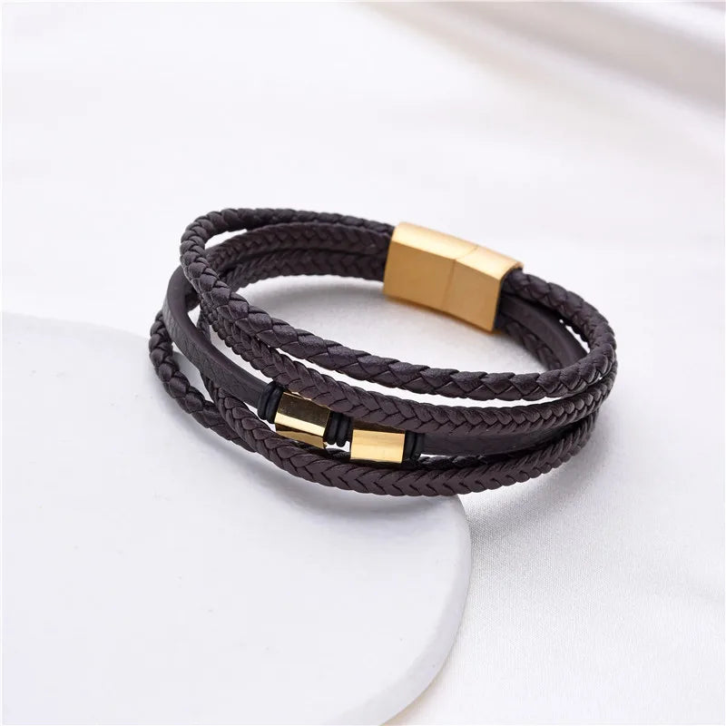 Hand Woven Multilayer Stainless Steel Men's Leather Bracelets