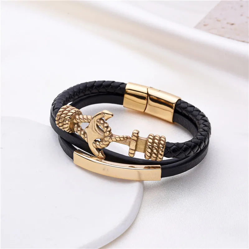 Men's Leather Bracelet with Anchor Clasp