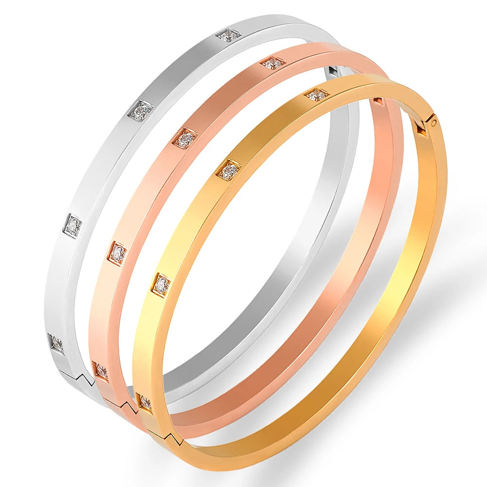 FYSARA Stainless Steel Crystals Bangles Women Jewelry 6mm/4mm CZ Love Gift