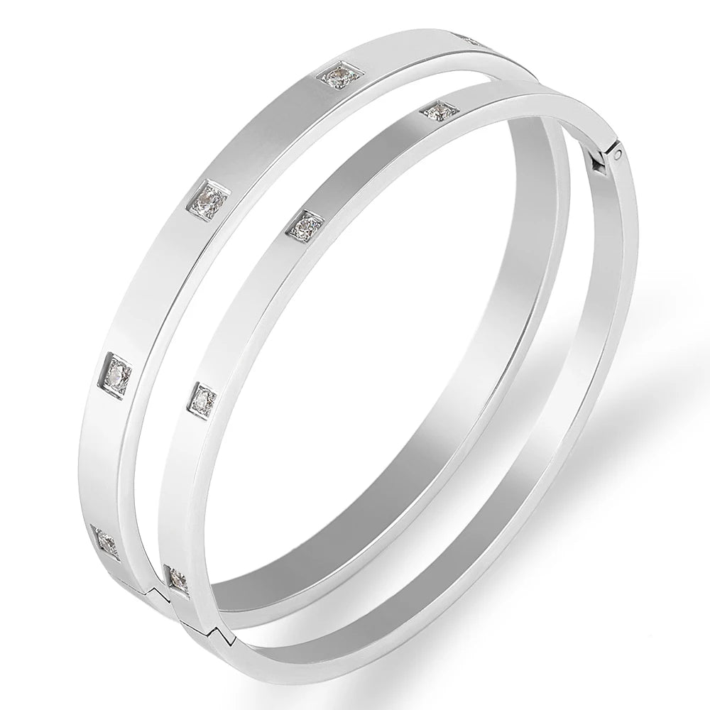 FYSARA Stainless Steel Crystals Bangles Women Jewelry 6mm/4mm CZ Love Gift