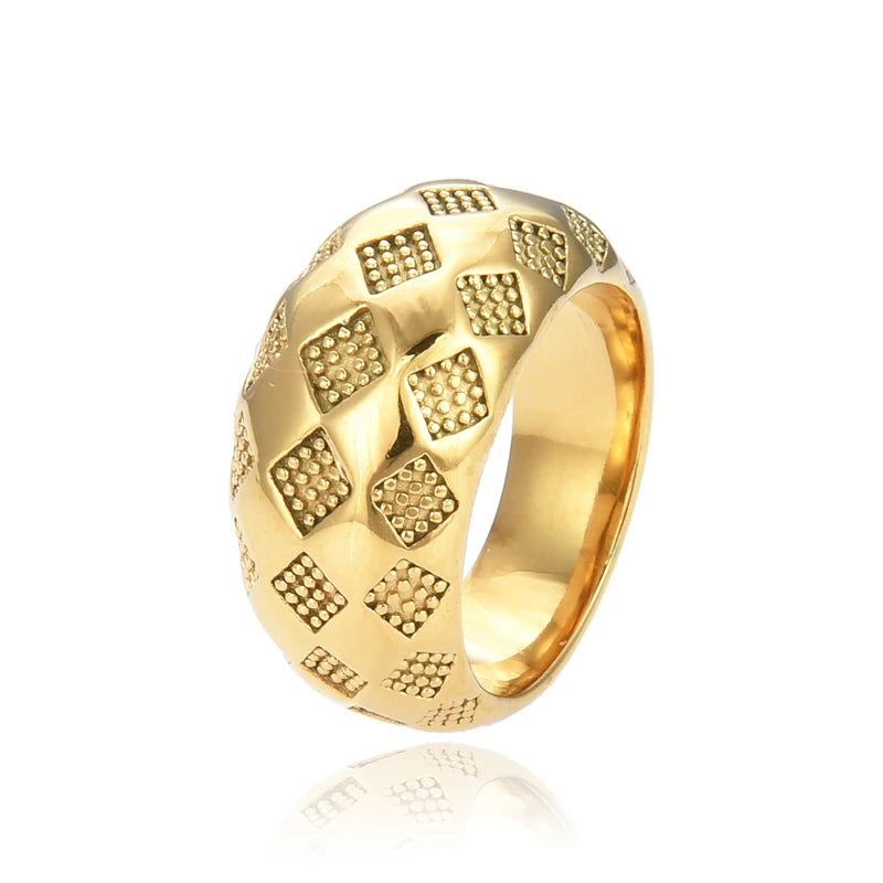 Stainless Steel Geometric Ring Texture Round Metal 18K Plated