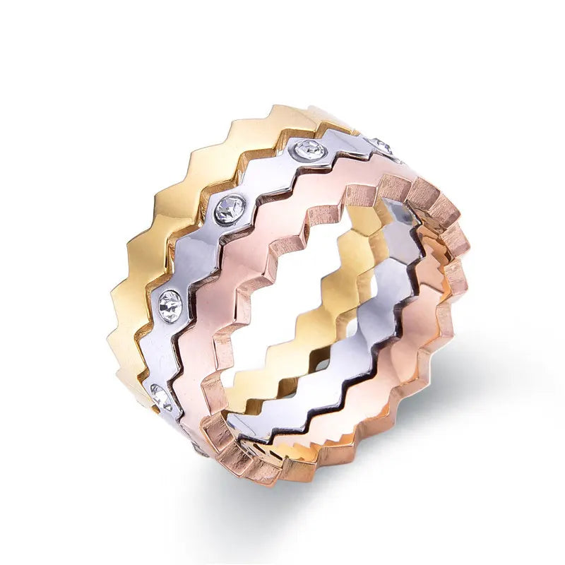 Stackable Tri-Color Geometric Ring with Zircon Crystal Inlay