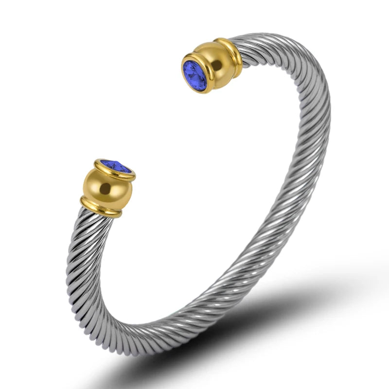 Stainless Steel Wire Rope Bangle Zircon Cuff Bracelet Adjustable