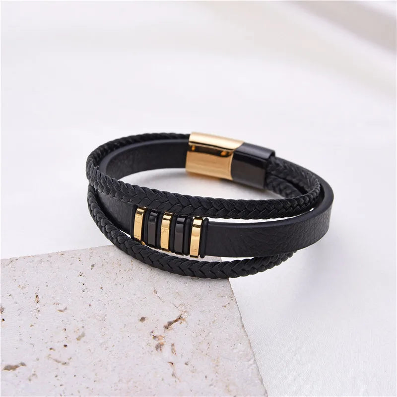 Classic Woven Leather Bracelet Men's Multilayer Stainless Steel Bangle