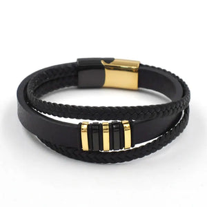 Classic Woven Leather Bracelet Men's Multilayer Stainless Steel Bangle