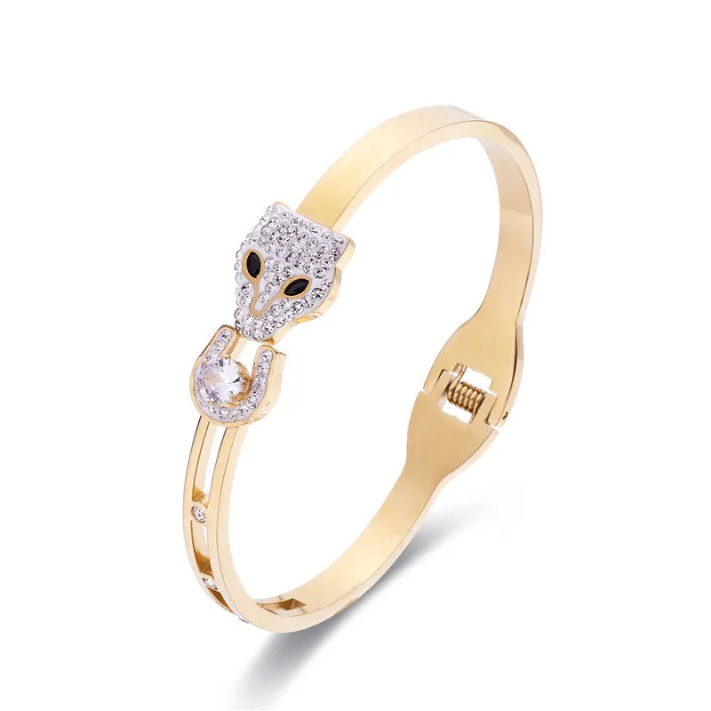 Tiger Head Stainless Steel Bracelet with Zircon Inlay