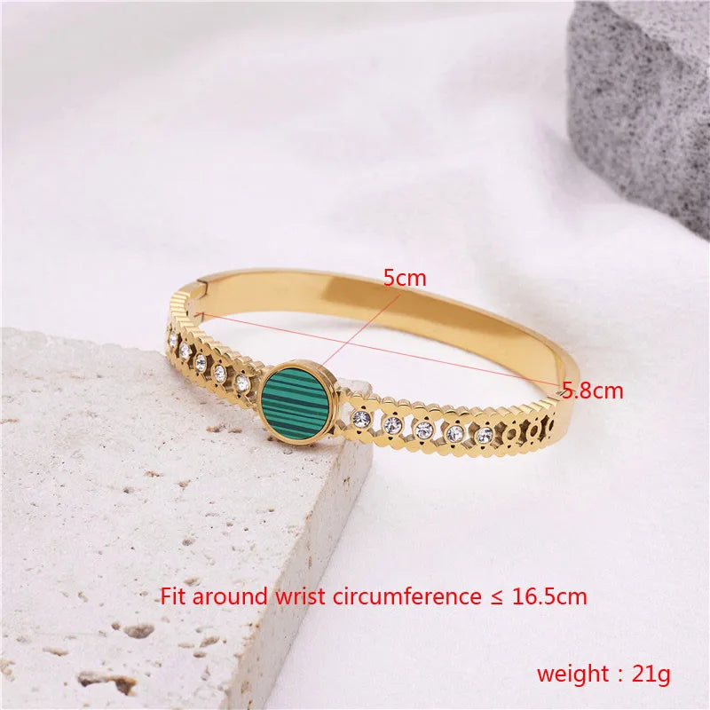 Vintage Titanium Stripe Shell Disc Bangle with Zircon Inlay