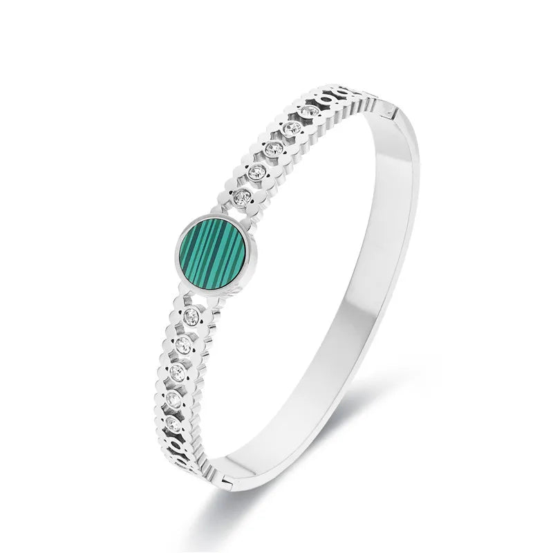 Vintage Titanium Stripe Shell Disc Bangle with Zircon Inlay