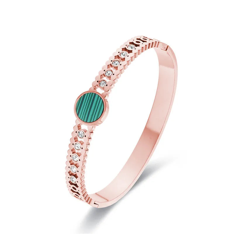 Vintage Titanium Stripe Shell Disc Bangle with Zircon Inlay
