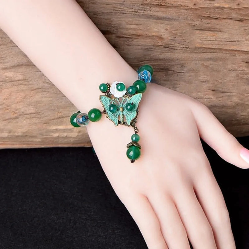 Antique Copper Butterfly Flower Bracelet with Green Agates Beads