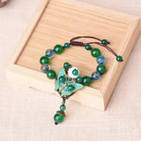 Antique Copper Butterfly Flower Bracelet with Green Agates Beads