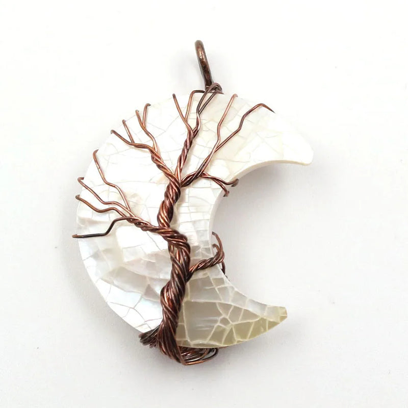 Crescent Moon Shell Pendant Tree of Life Vintage Style Jewelry