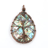 Copper Wire Tree of Life Water Drop Abalone Shell Pendant