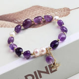 Geometric Shape Pearls Chain Bracelet with Amethysts Crystal