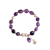 Geometric Shape Pearls Chain Bracelet with Amethysts Crystal