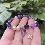 Geometric Shape Pearls Chain Bracelet with Amethysts Crystal