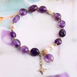Geometric Shape Pearls Chain Bracelet with Amethysts Crystal