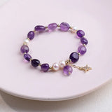 Geometric Shape Pearls Chain Bracelet with Amethysts Crystal