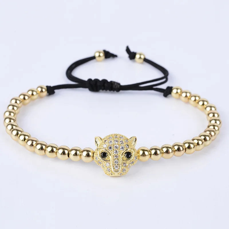 Light Yellow Leopard Connect Metal Round Beads Weave Elastic Bracelet