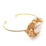 Light Yellow Wire Wrap Pearls Open Bangle for Women
