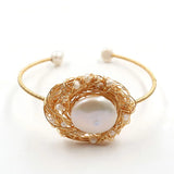 Light Yellow Wire Wrap Pearls Open Bangle for Women