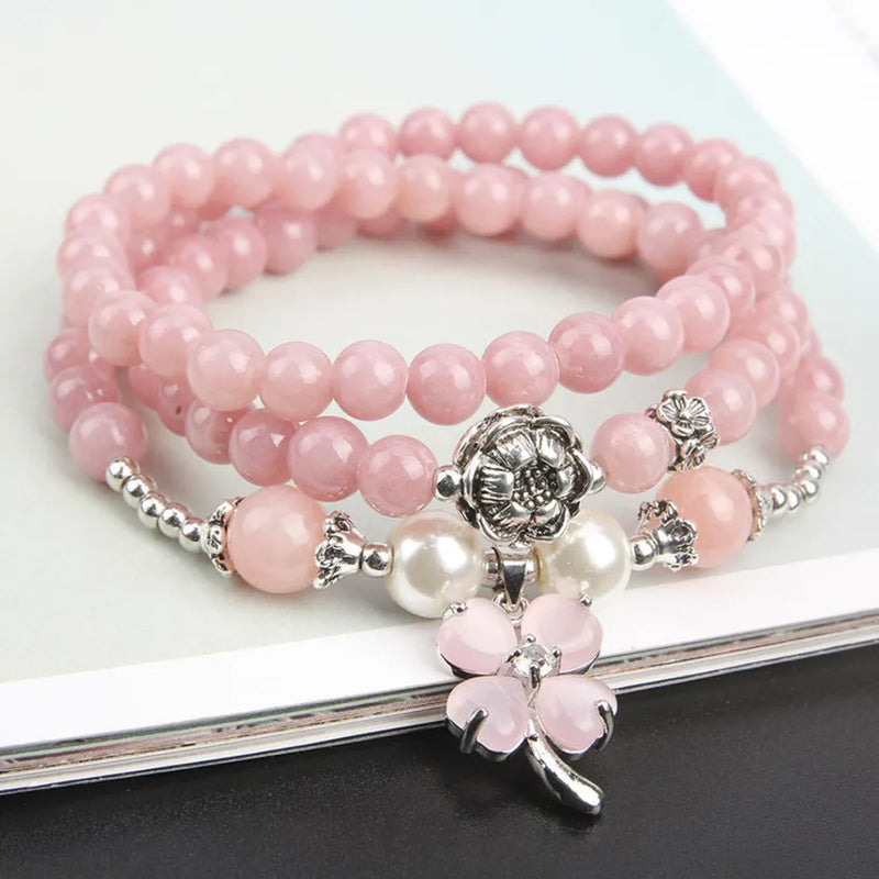 Silver Plated Leaf Flower Connect Pink Quartz Bracelet