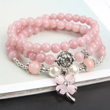 Silver Plated Leaf Flower Connect Pink Quartz Bracelet