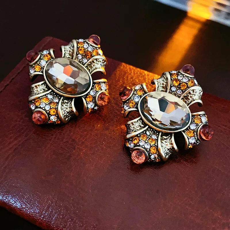 Baroque Style Geometric Pearl Stud Earrings Oval Brown Crystal Earrings