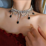 Water Drop Crystal Choker Necklace for Women with Tassel Rhinestones