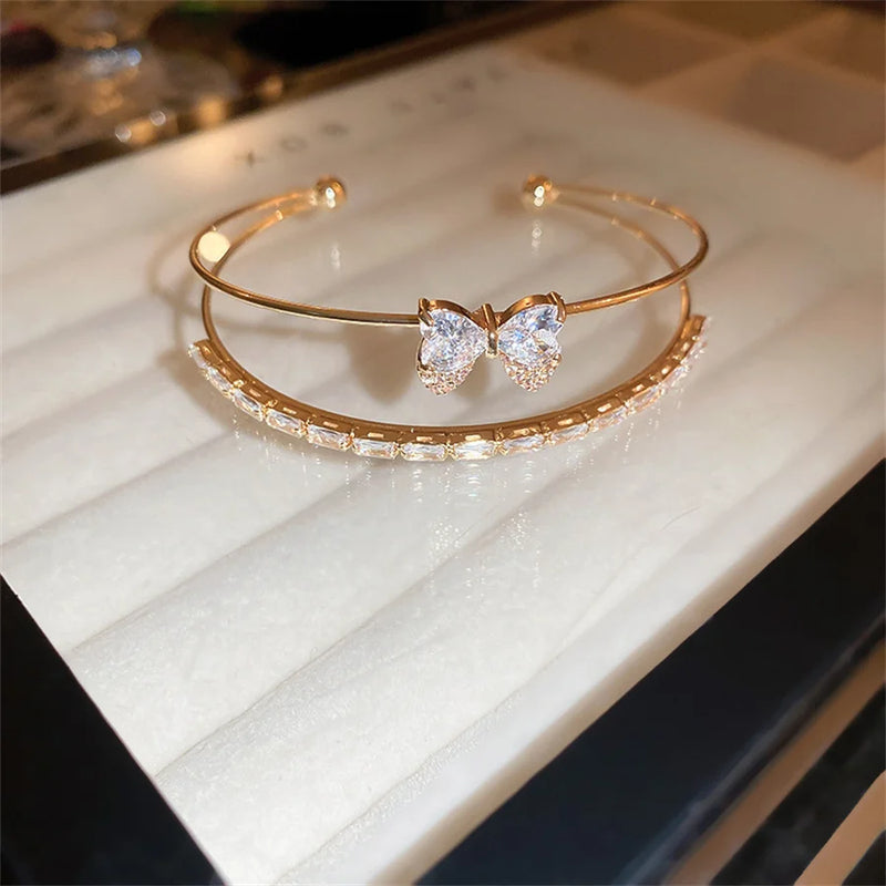 Zircon Bracelet Double Bowknot Silver Cuff Bracelets