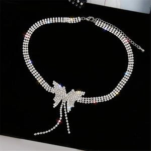 Butterfly Crystal Choker Necklace with Tassel Rhinestone for Weddings