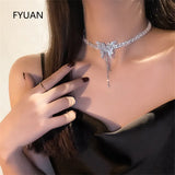 Butterfly Crystal Choker Necklace with Tassel Rhinestone for Weddings
