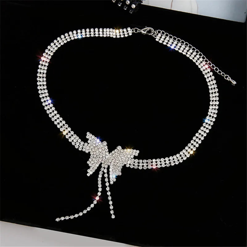 Butterfly Crystal Choker Necklace with Tassel Rhinestone for Weddings