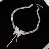Butterfly Crystal Choker Necklace with Tassel Rhinestone for Weddings