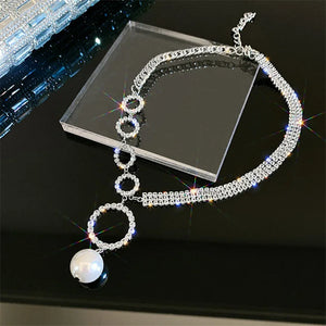 Circle Rhinestone Choker Necklace for Women with Pearl Pendant