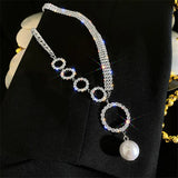 Circle Rhinestone Choker Necklace for Women with Pearl Pendant