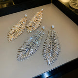 Feather Style Crystal Drop Earrings Silver Rhinestones Dangle Jewelry