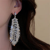 Feather Style Crystal Drop Earrings Silver Rhinestones Dangle Jewelry
