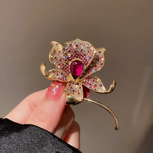 Red Lily Flower Brooch with Crystal for Women