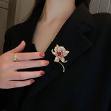 Red Lily Flower Brooch with Crystal for Women