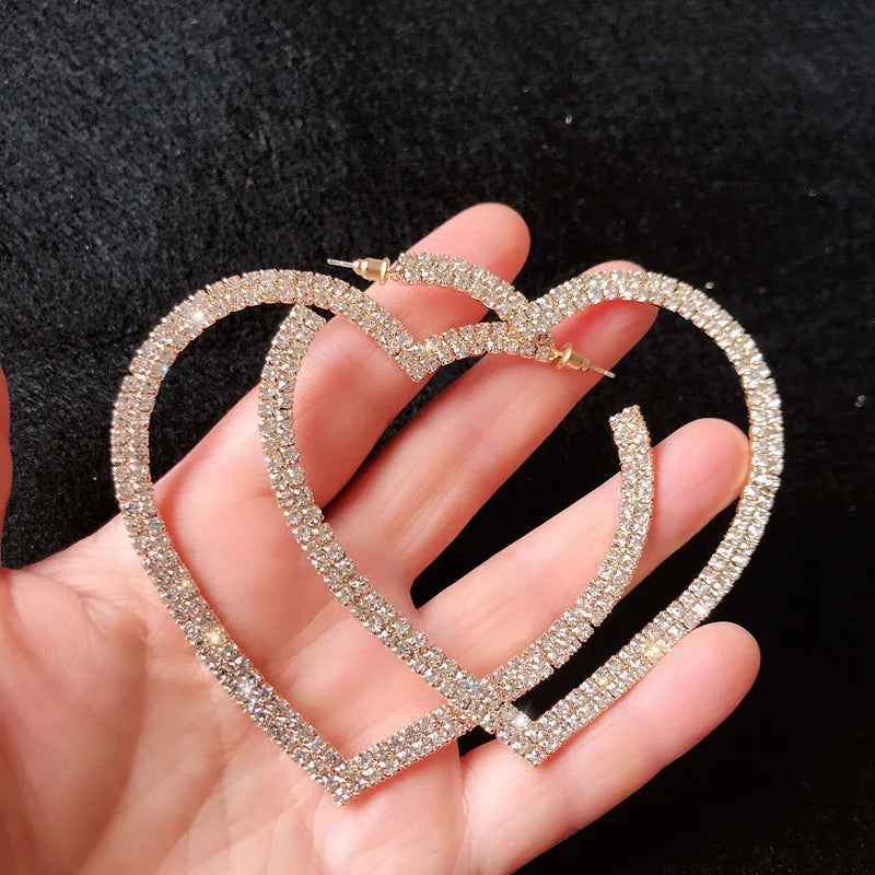 Big Heart Crystal Hoop Earrings Geometric Rhinestones Statement Jewelry