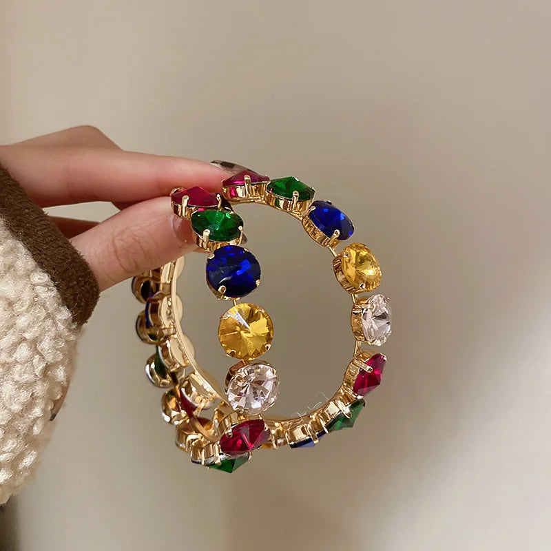 Colorful Crystal Hoop Earrings Geometric Round Statement Jewelry