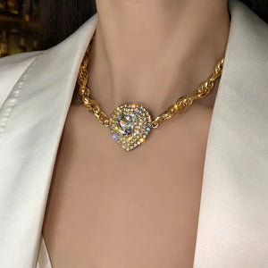 Golden Heart Crystal Choker Necklace Geometric Chain Statement Jewelry