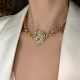 Golden Heart Crystal Choker Necklace Geometric Chain Statement Jewelry