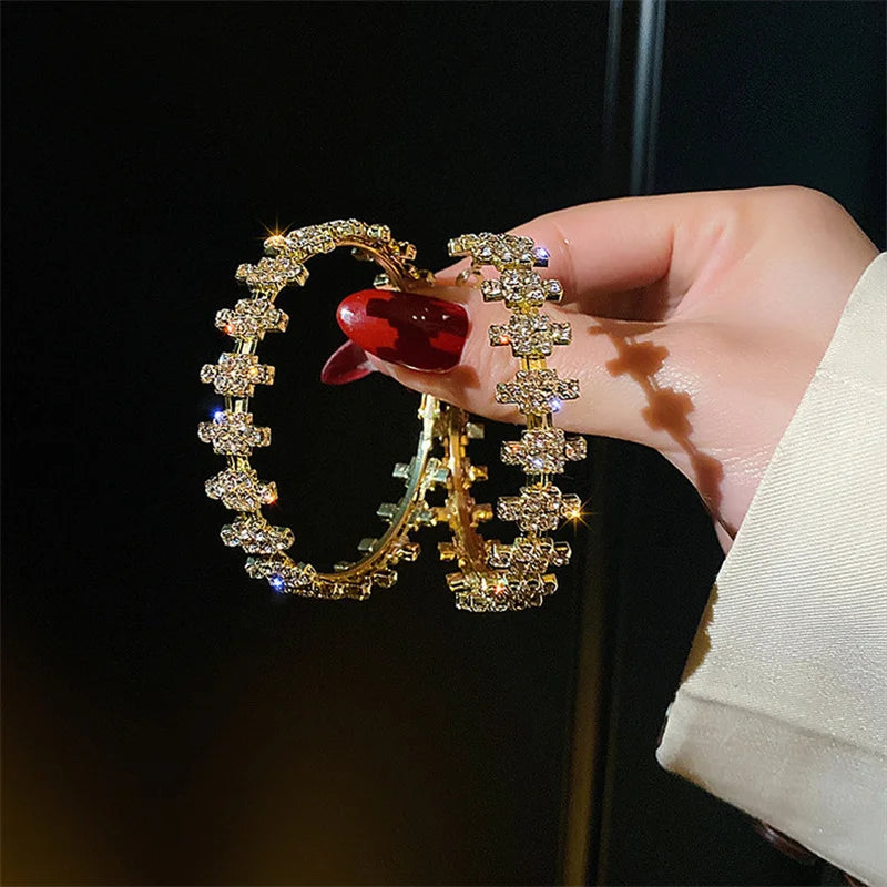 Golden Round Hoop Earrings Geometric Rhinestones Crystal Earrings