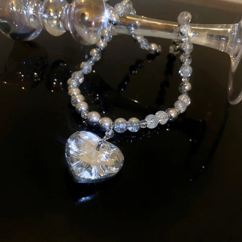 Heart Crystal Choker Necklaces Ball Chain Statement Jewelry