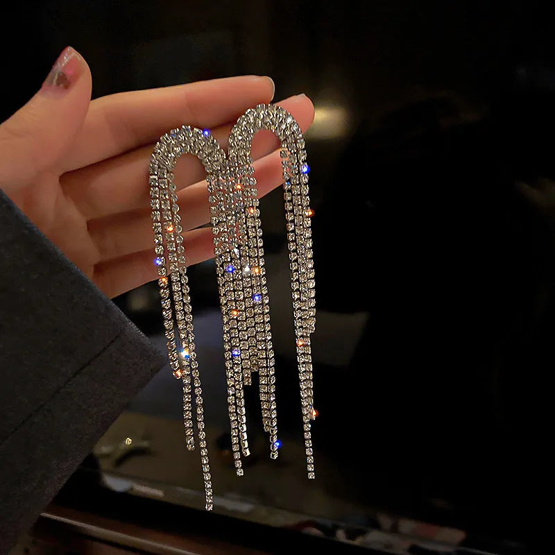 Long Tassel Crystal Drop Earrings Geometric Rhinestone Statement Jewelry